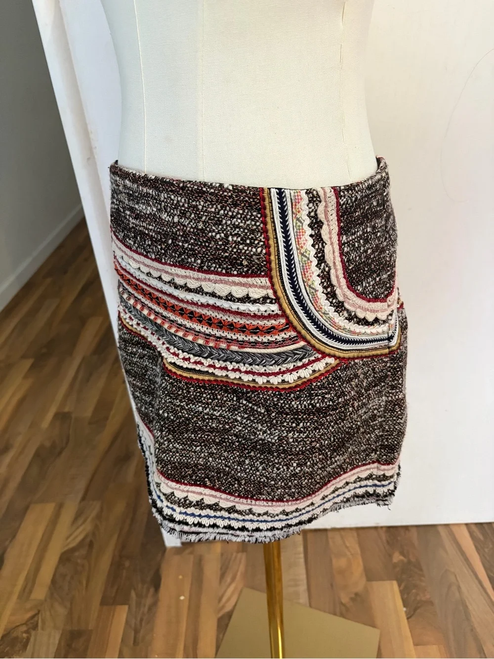 Unique Statement Piece Tweed Mini Skirt Brown Brown Multi, Large, Like New